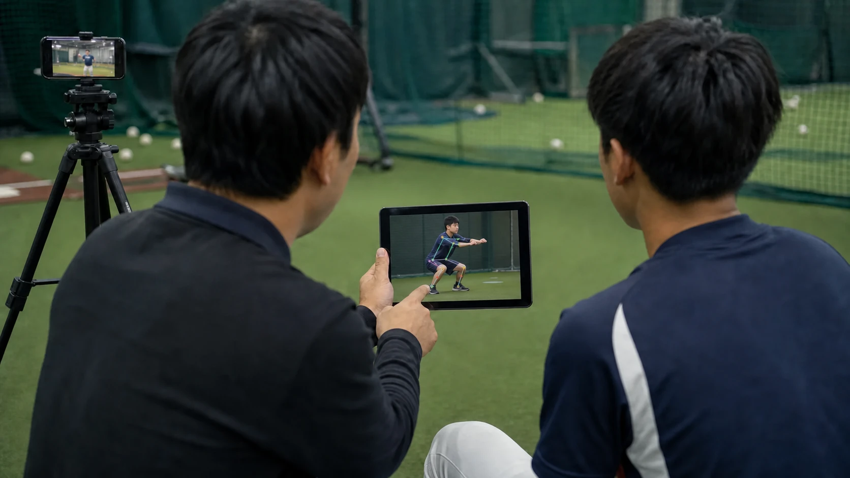 撮影したスクワットのトレーニングフォームをトレーナーと確認する中学生のイメージ
