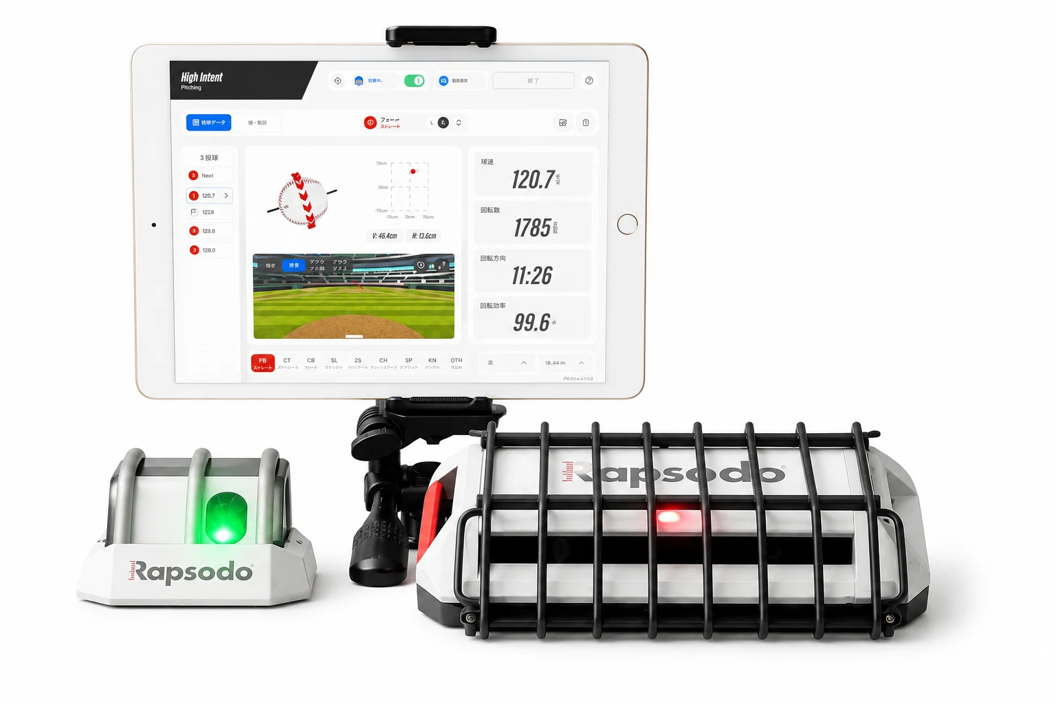 ラプソード本体、センサー、計測データを表示するiPad